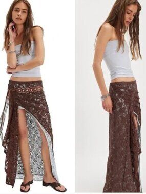 Free People FP One Solene Iced Chocolate High Low Maxi Skirt Lace Size Large NWT